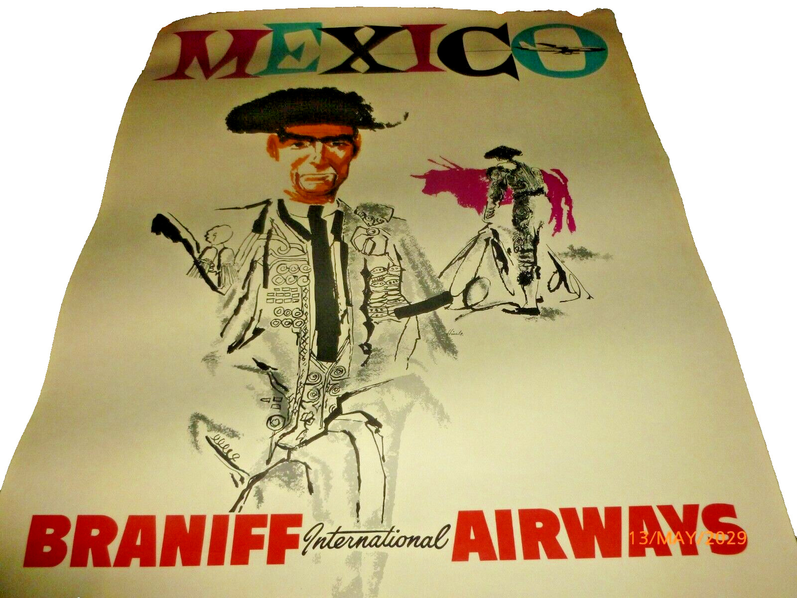 Vintage 1960s Original BRANIFF AIRWAYS MexicoTRAVEL POSTER 20x26