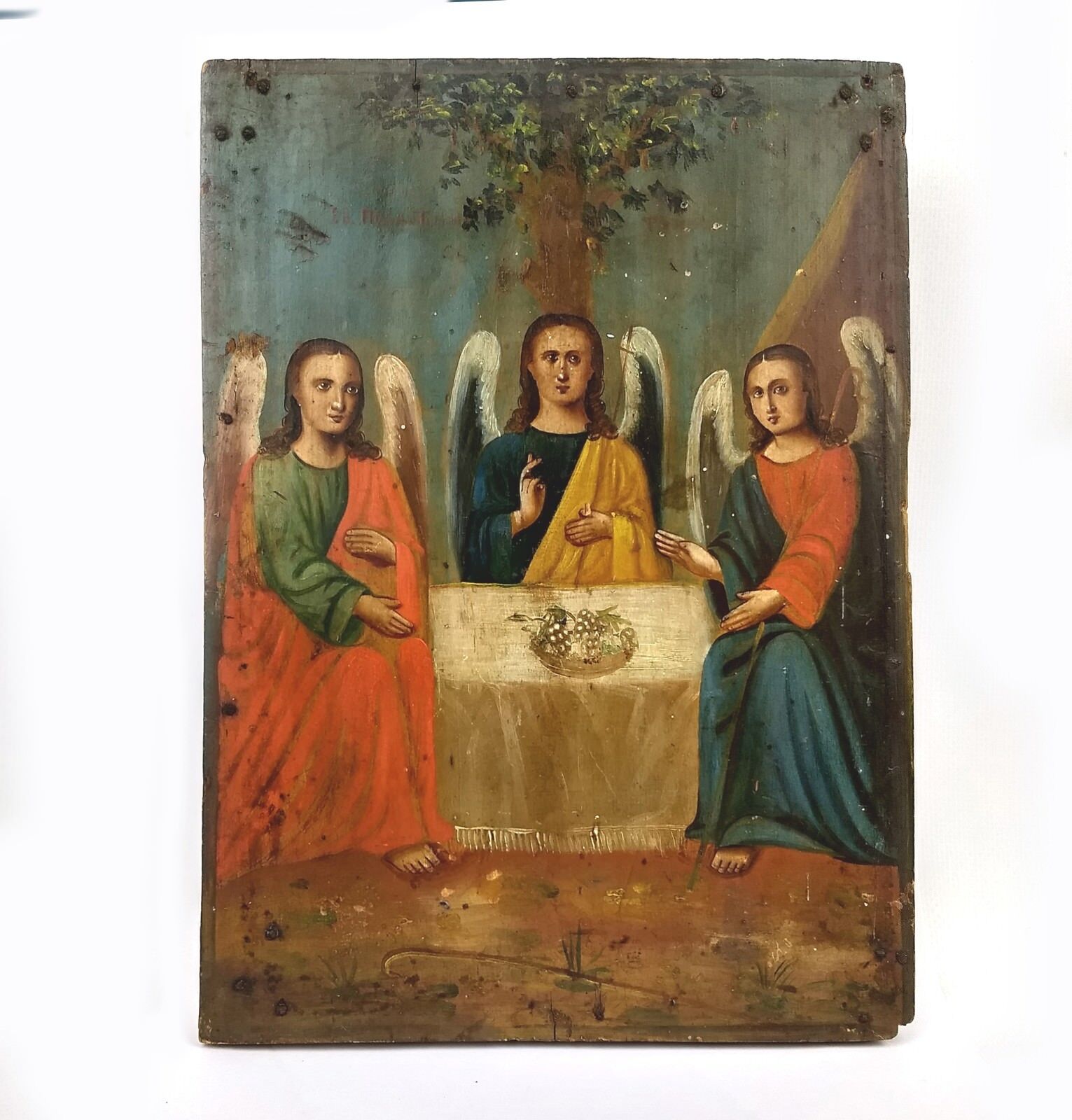  Antique Icon Holy Trinity Orthodox Russian Wood Past centyry 248 x 180 mm