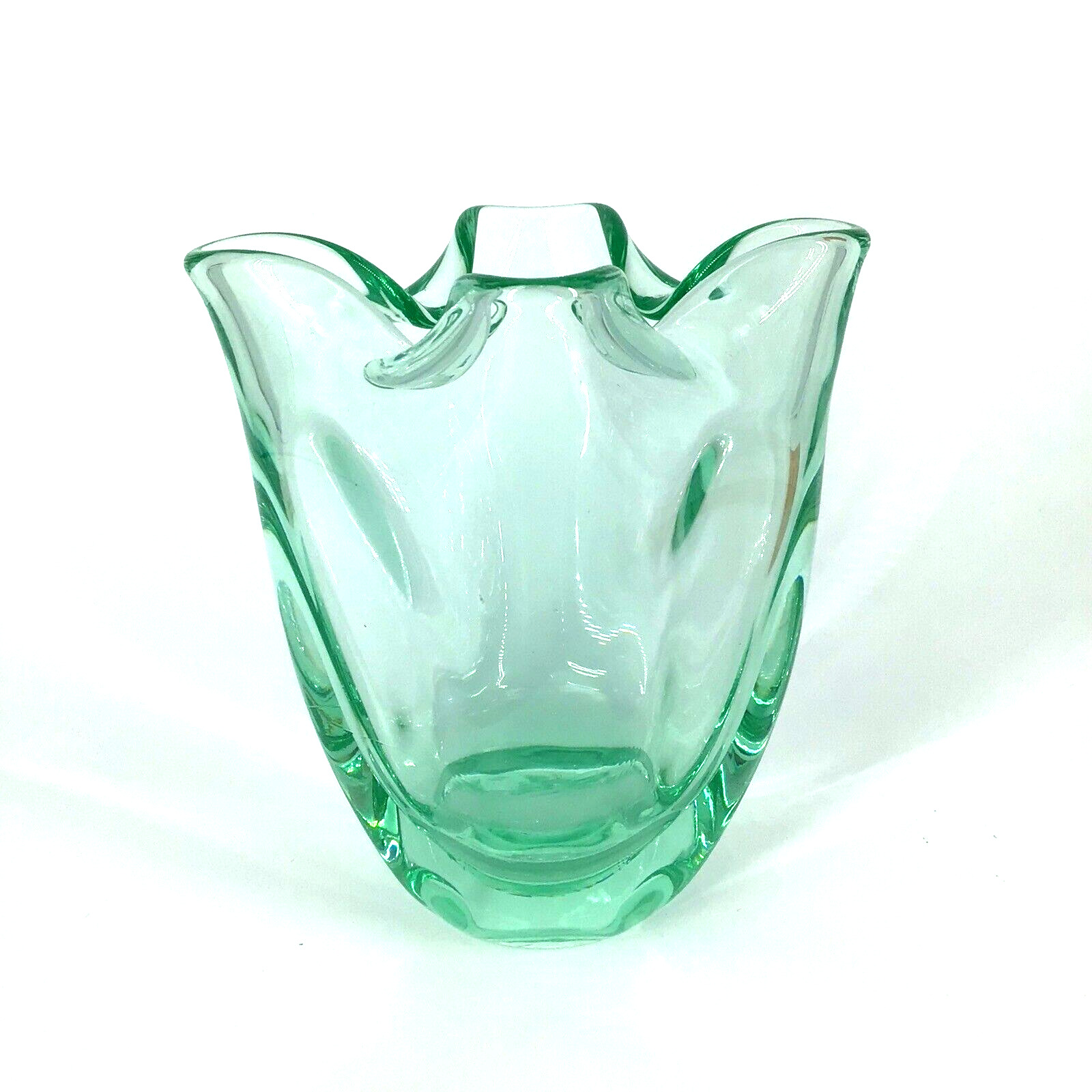 Vtg hand blown Art Glass Vase Pinched  Rim Heavy polished Base Clear Green 4.5''
