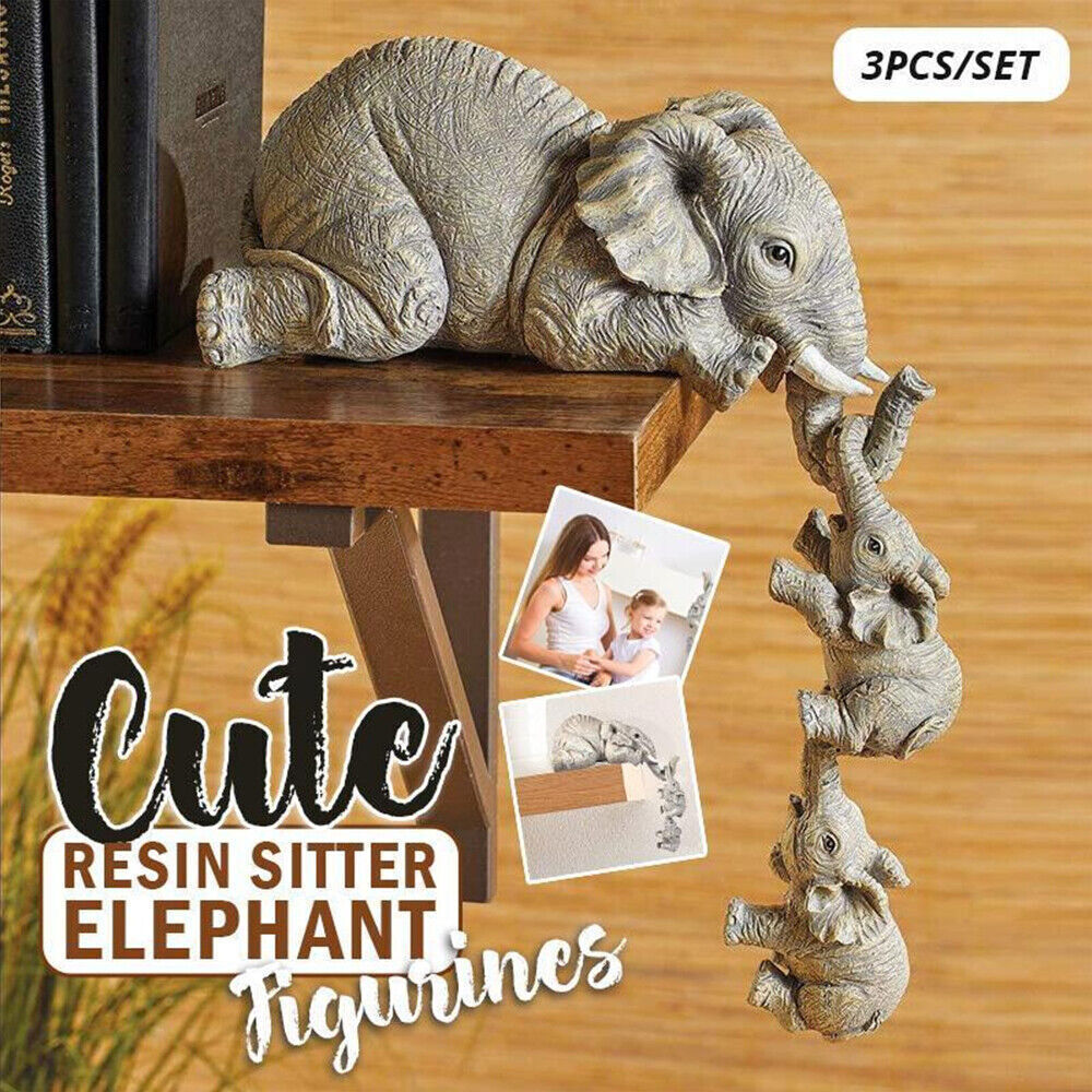 3X Resin Elephant Sitter Figurines Mother and 2 Babies Hanging Off Edge For Gift