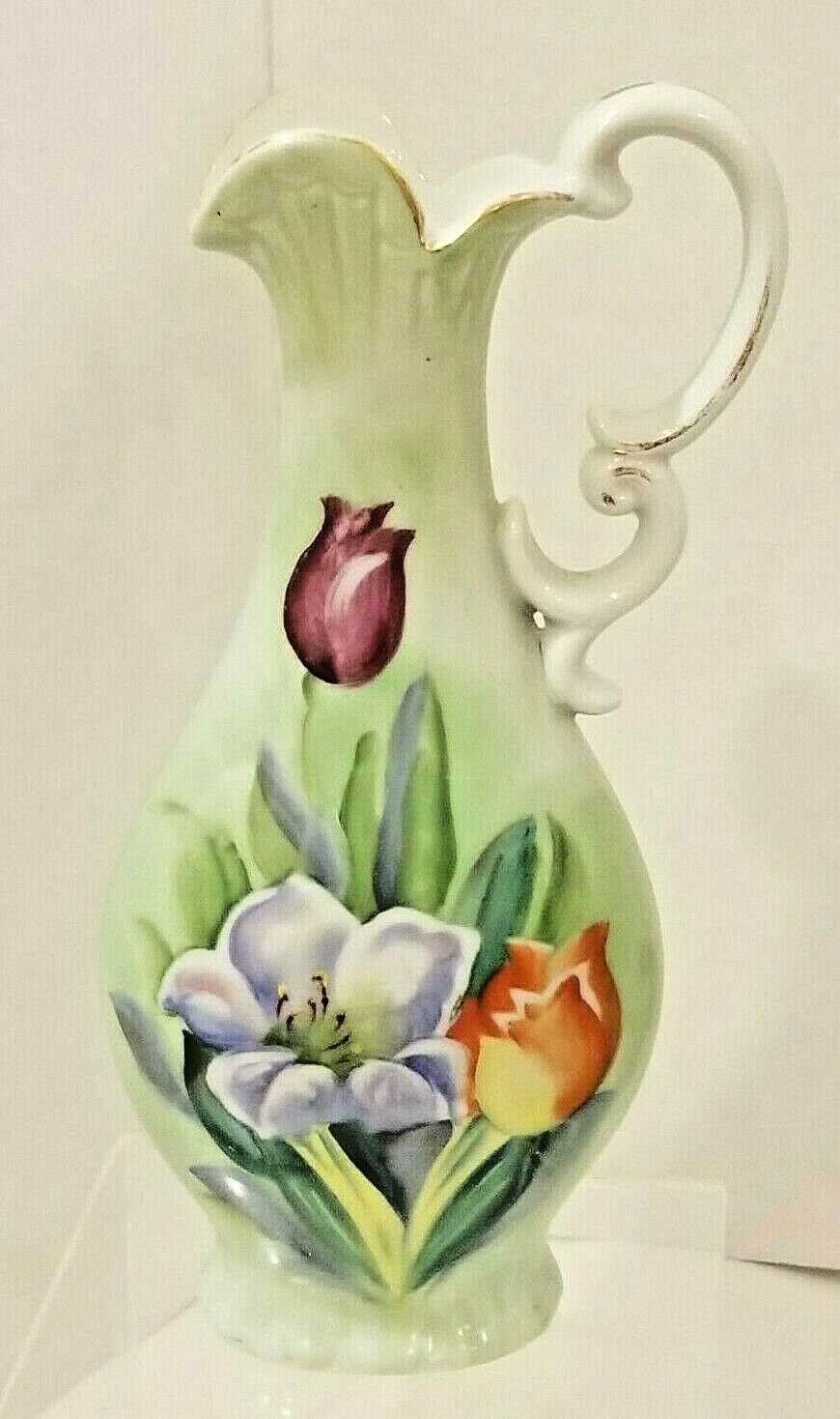 Vintage Ornate Porcelain Green Pitcher/Vase w/Scrolled Gold Tipped Handle Tulips