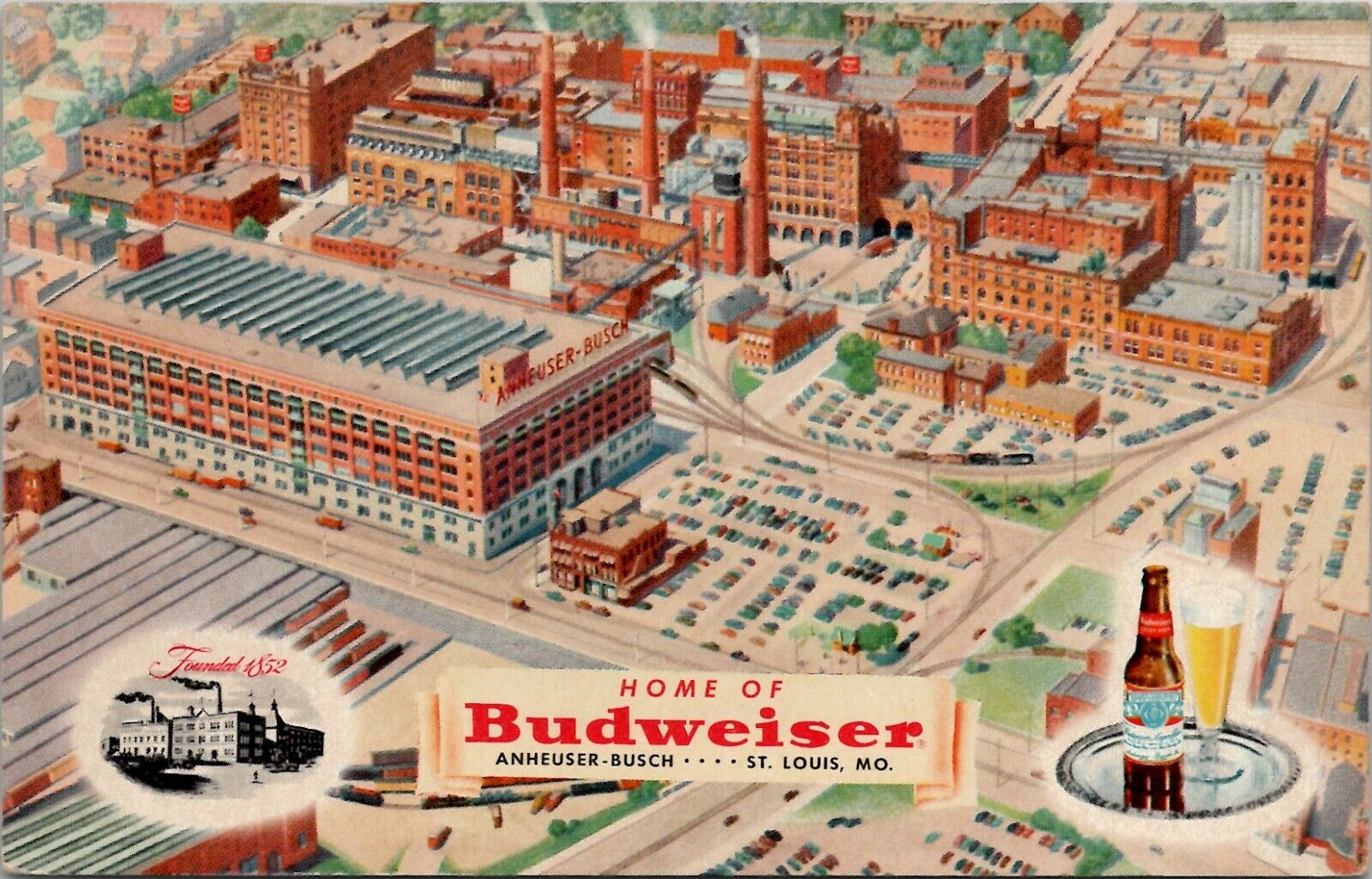 Budweiser Anheuser-Busch St Louis Vignette Tray Bottle and Glass Postcard W11
