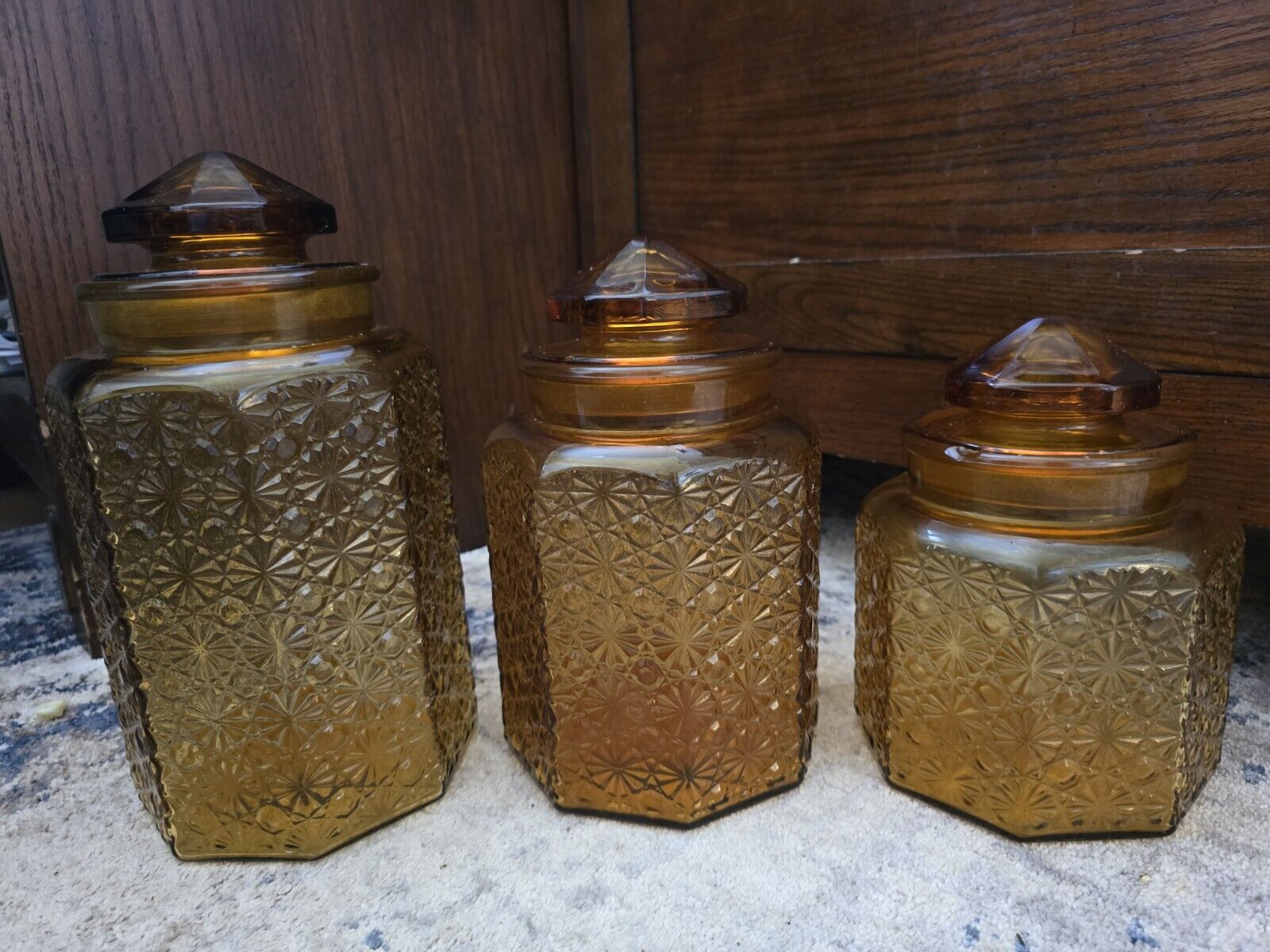 Vintage MCM LE Smith Amber Button & Daisy Glass Canister Apothecary Jar Set of 3