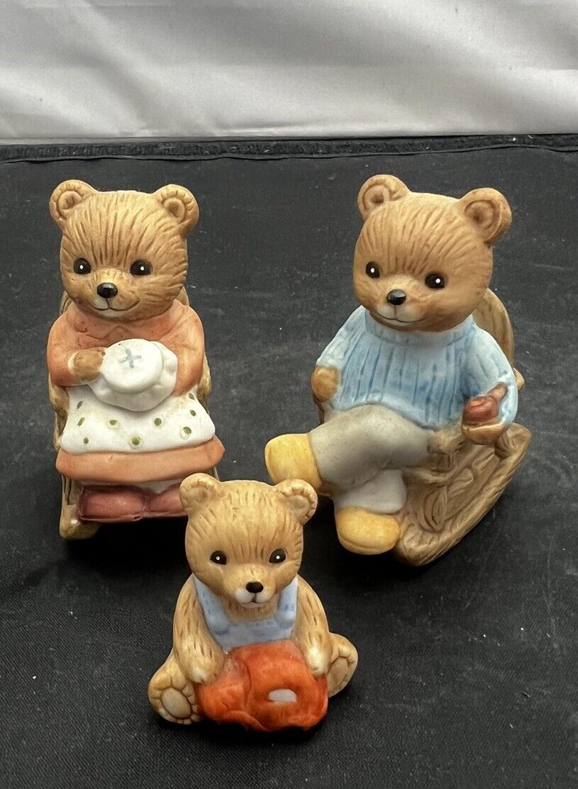 Vintage Set of 3 Porcelain Bear Figurines Homco Rocking Chair Family #1470