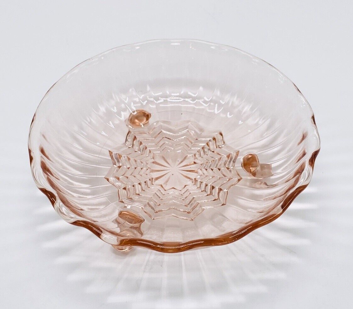 Candy Dish Pink Depression Glass Bowl Rippled Edge Starburst 3 Vintage Footed