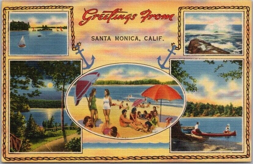 c1940s SANTA MONICA California Linen Postcard Multi-View Beach & Fishing Scenes