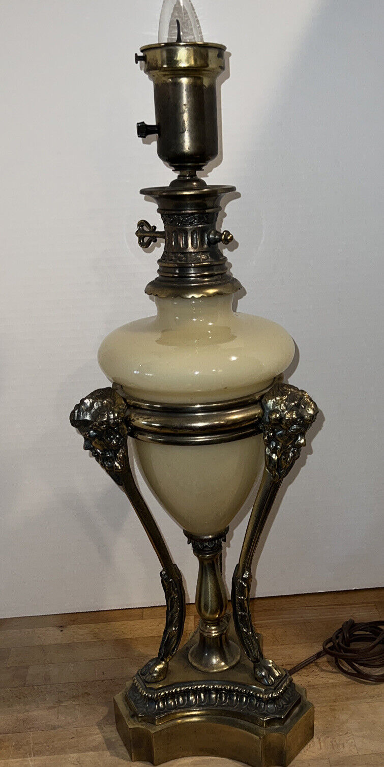 Vtg Greek Roman Fauna Tripod Style Brass And Glass Table Lamp
