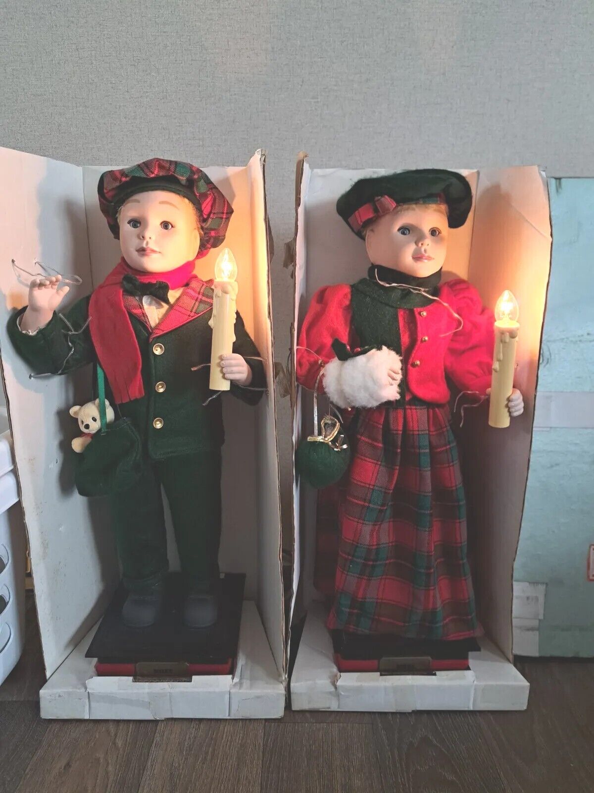 Vintage 1990s Christmas Anamatronic Figurines Boy And Girl Noel Pair