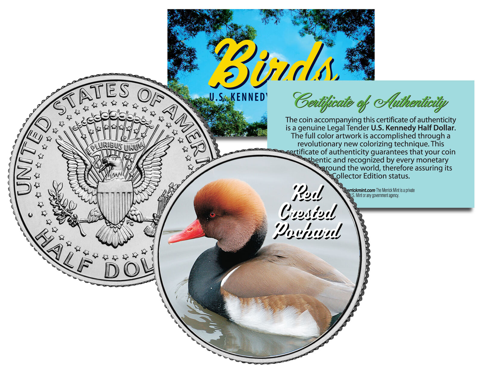 RED CRESTED POCHARD *Collectible Birds* JFK Half Dollar Colorized U.S. Coin DUCK