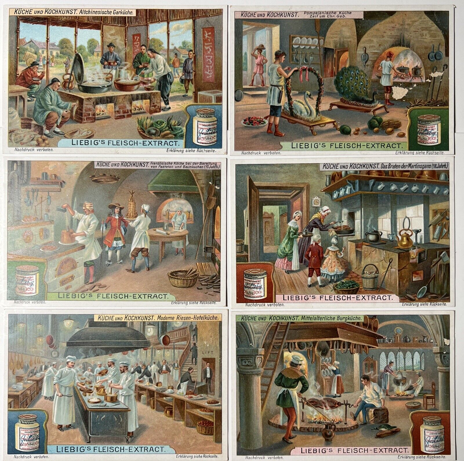 Lot of 6 1890 GERMAN Liebigs Fleisch Extrakt Extract Kitchens CHEFS Trade Cards