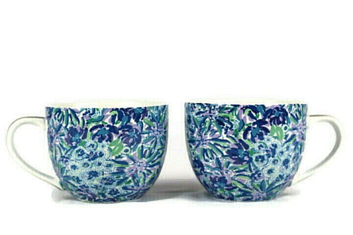 Lily Pulitzer Lot of 2 Abstract Blue Floral Ceramic Cup Mug Gold Handle 12Oz EUC