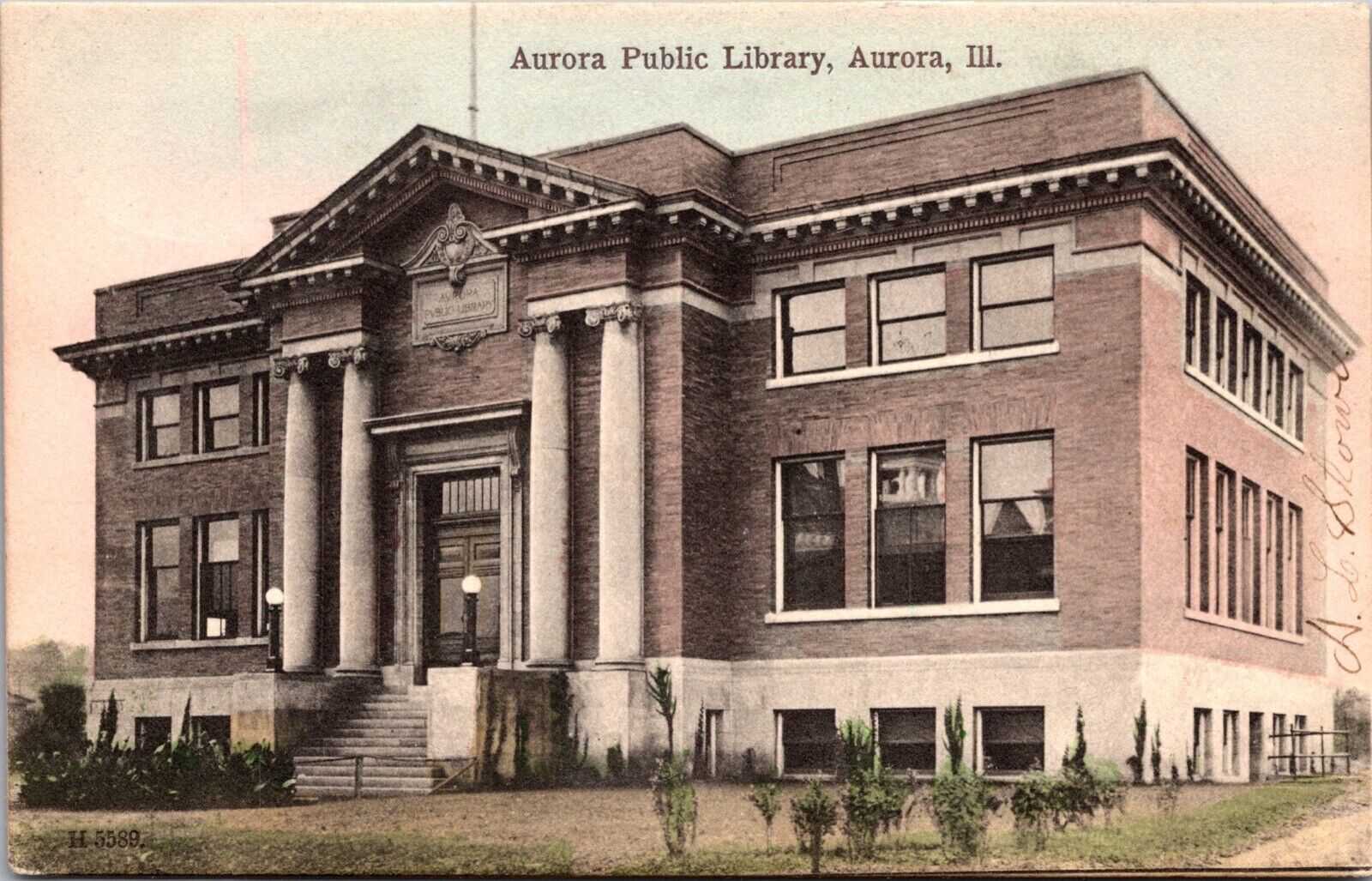 Hand Colored Postcard Aurora Public Library in Aurora, Illinois~1001