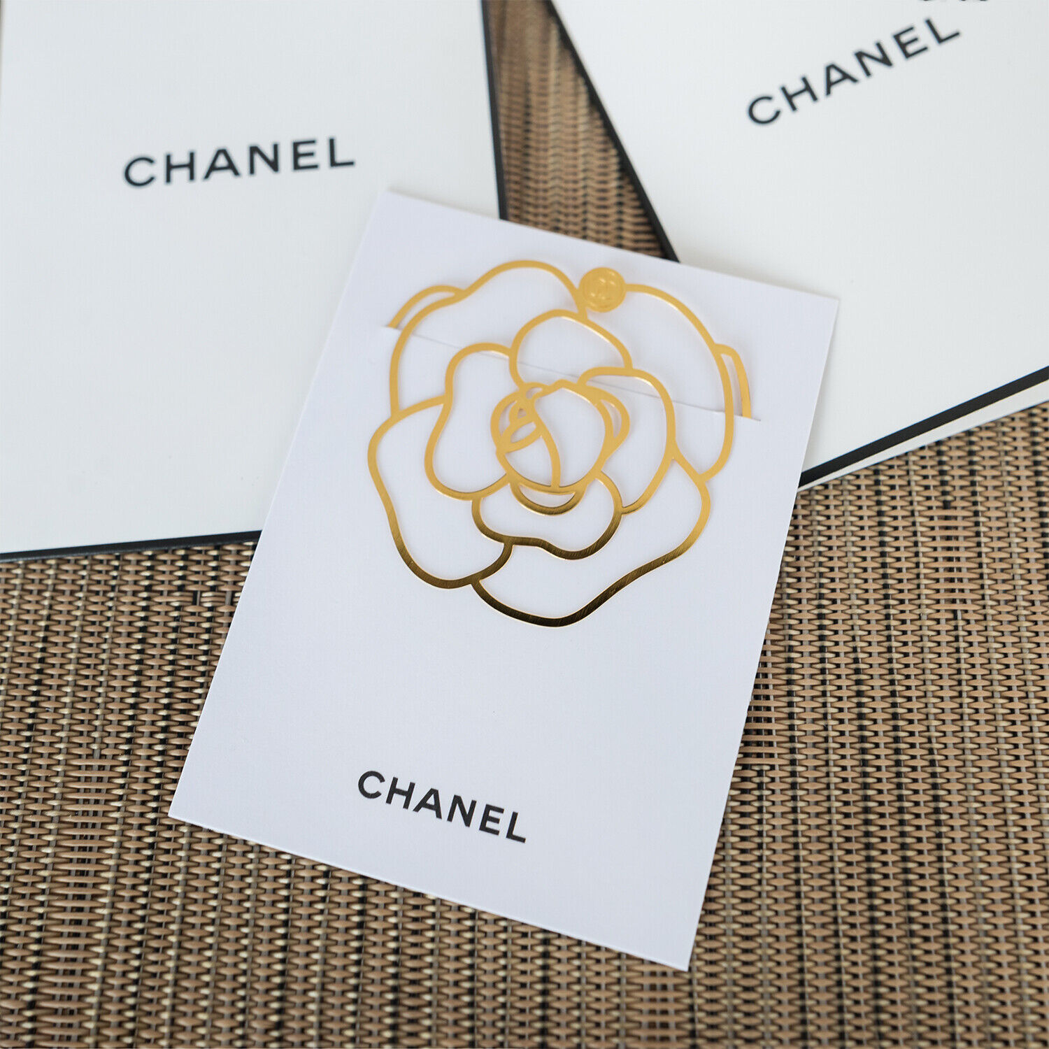CHANEL VIP GIFT NEW Camellia Metal Gold Bookmark in Paper Chanel envelope
