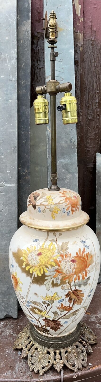 Antique Massive Ginger Jar Porcelain ROYAL BONN Chrysanthemum Table Lamp 32”