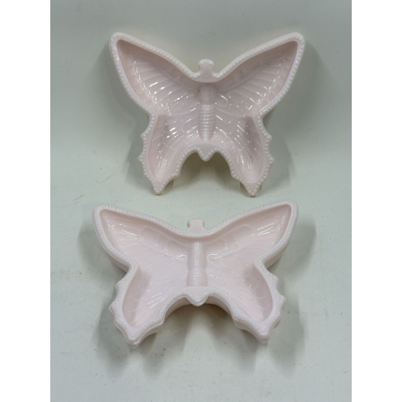 (2) Vintage Jeannette Glass Shell Pink Milk Glass Butterfly Ashtray Trinket Dish