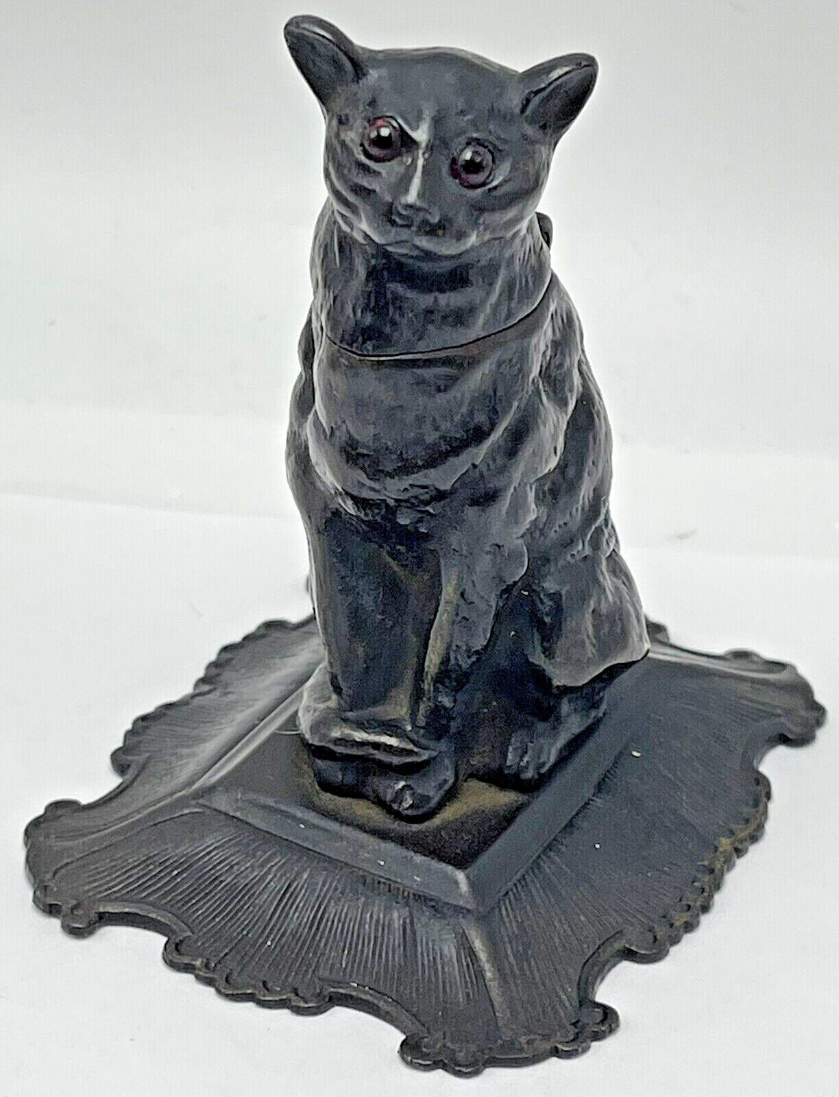 Antique Miniature Black Cat Cast Bronze Glass Eyes Match Safe Holder Strike