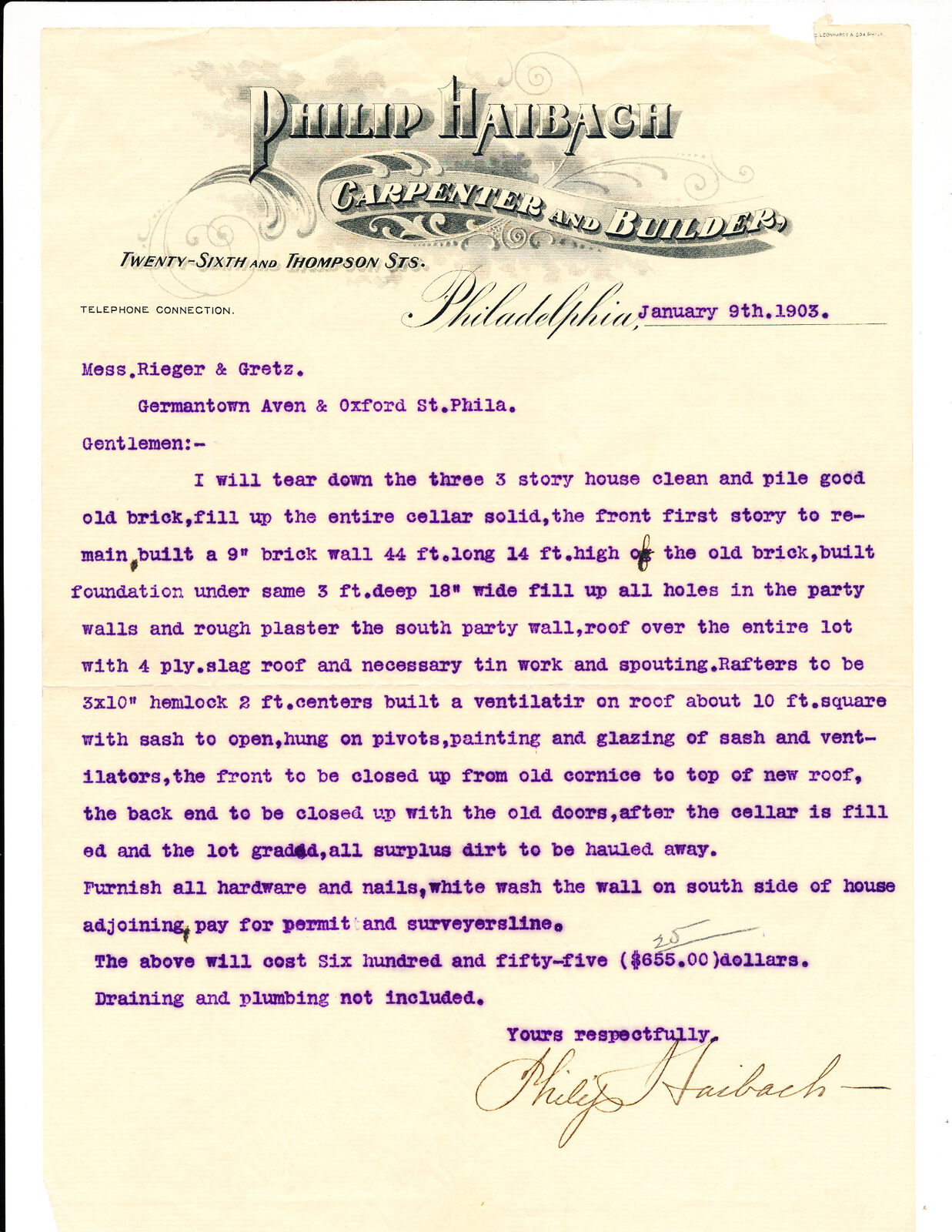 1902 BILL HEAD LETTERHEAD - PHILLIP HAIBACH - RIEGER & GRETZ BREWING CO BEER