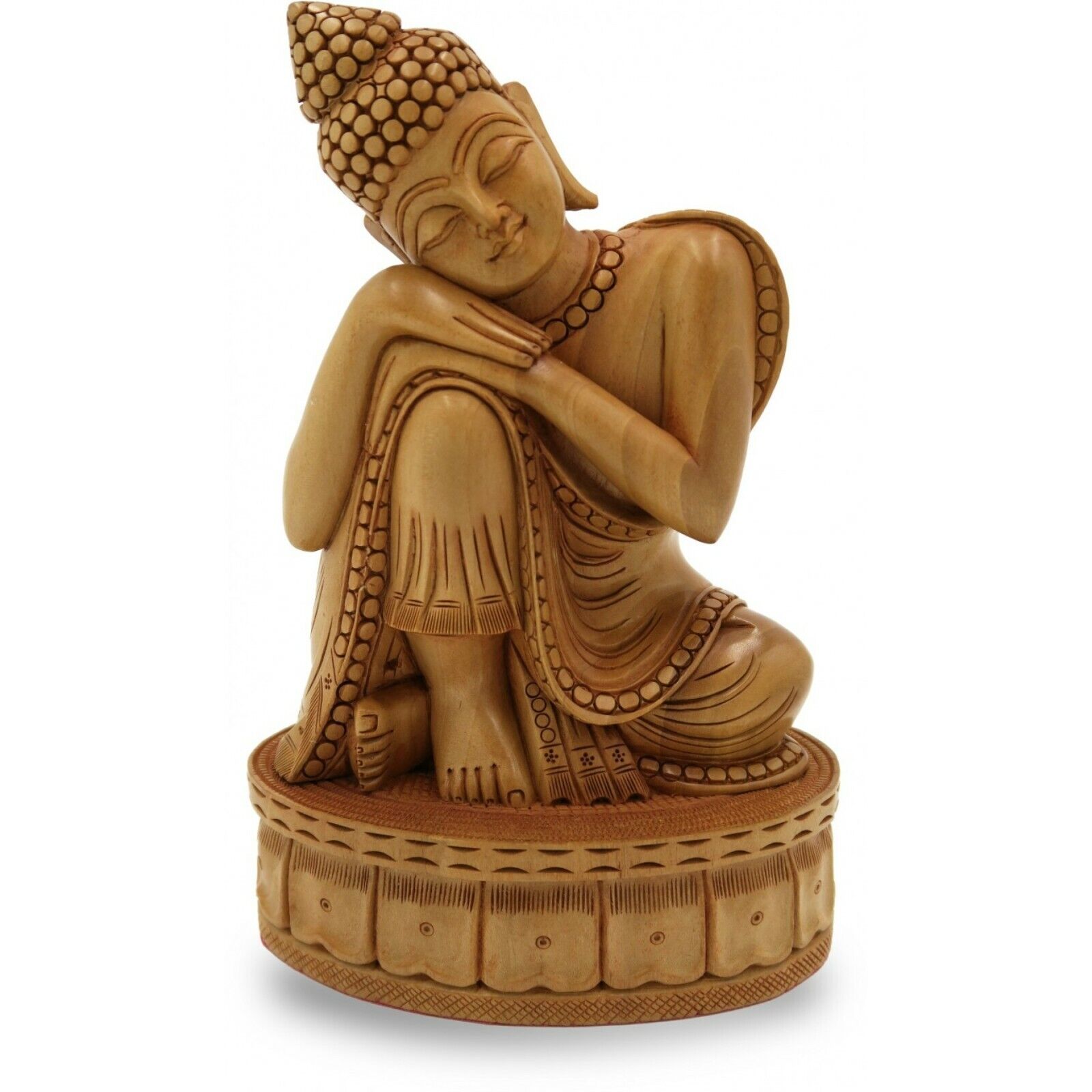 Beautiful Handcrafted Wooden Lord Gautam Buddha Sitting With Head on Knee Statue