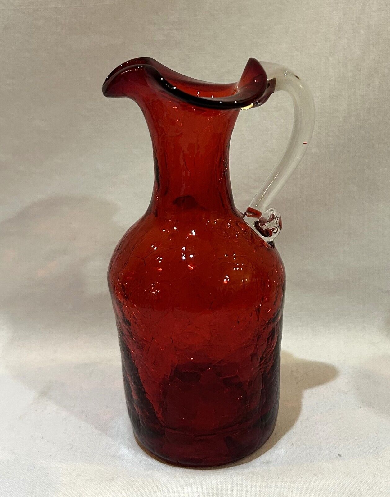 VTG Hand Blown Crackle Glass Ruby Red Pitcher Creamer 5.25\
