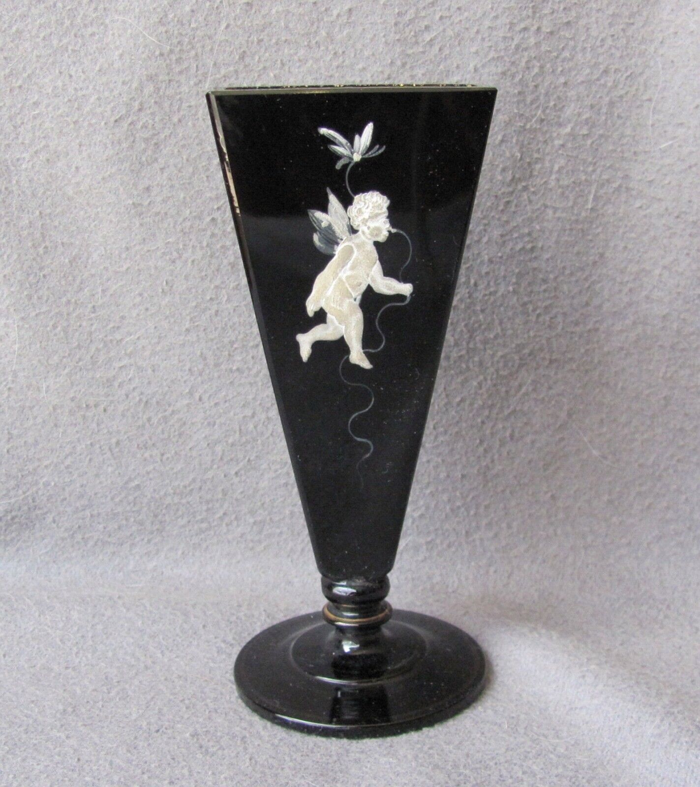Victorian Black Glass V-Shape Vase w/ Enameled Cherub