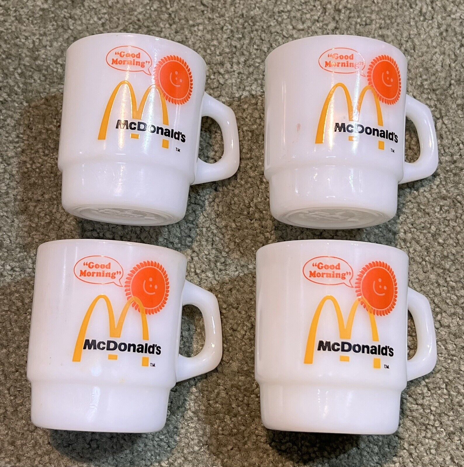 4 Vintage 4 1/4” Milk Glass McDonald\'s Anchor Hocking Coffee Mugs Cup Fire King