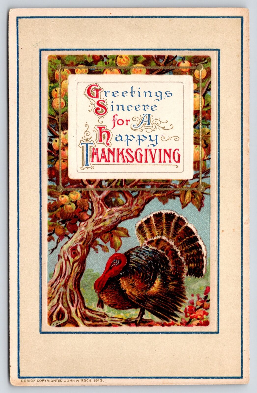 Thanksgiving Calligraphy~Turkey Under Loaded Apple Tree~1913 John Winsch