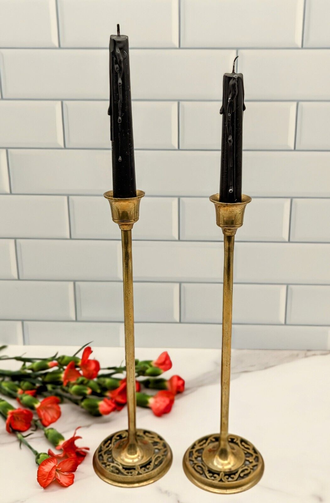 Vintage Art Deco Style Brass Taper Candlestick Holders
