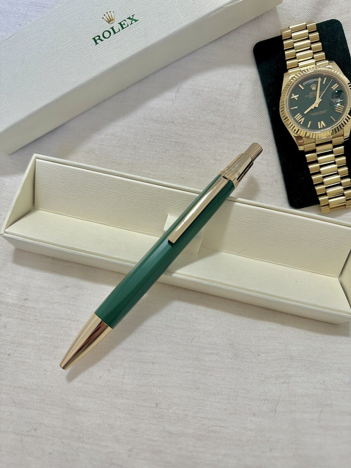 Rolex Pen Executive Green Gold Ballpoint AD Gift With Service Pouch