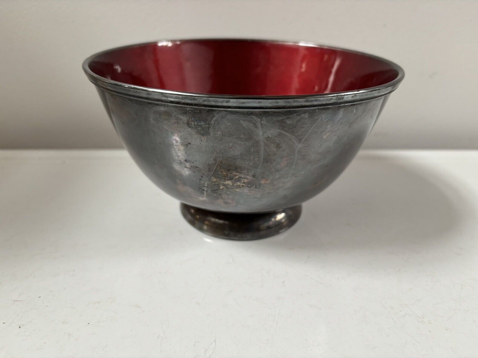 Silverplate Bowl Red Enamel EP #5003 Footed Paul Revere Towle Silversmiths