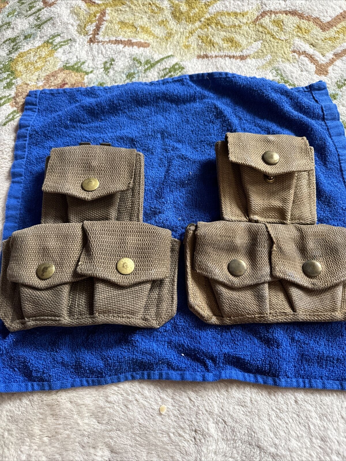 Qty (2) Tan cotton canvas web 3 cell belt pouch w suspender buckle each
