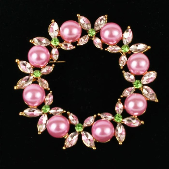 Pink and Green Pearl and Crystal Rhinestone Round Brooch