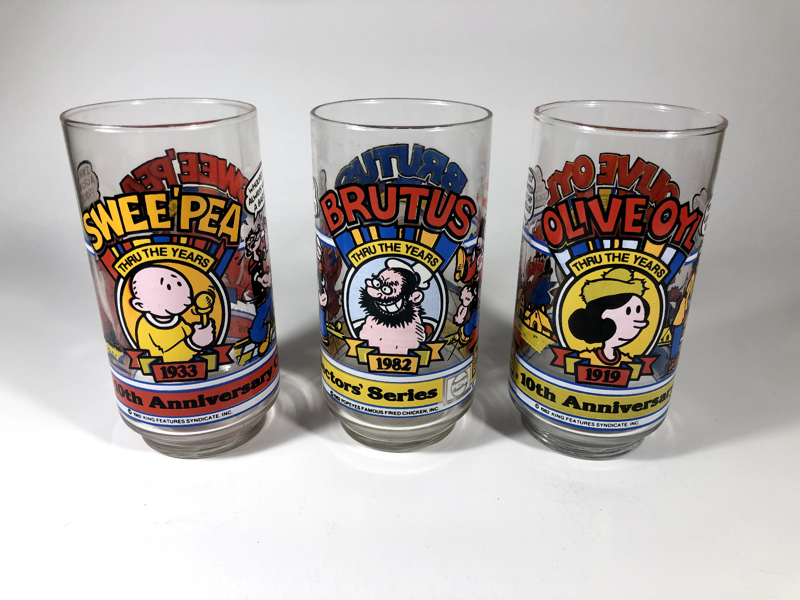 Vintage POPEYE'S 1982 Famous Fried Chicken 10th Anniversary lot of 3 Glasses