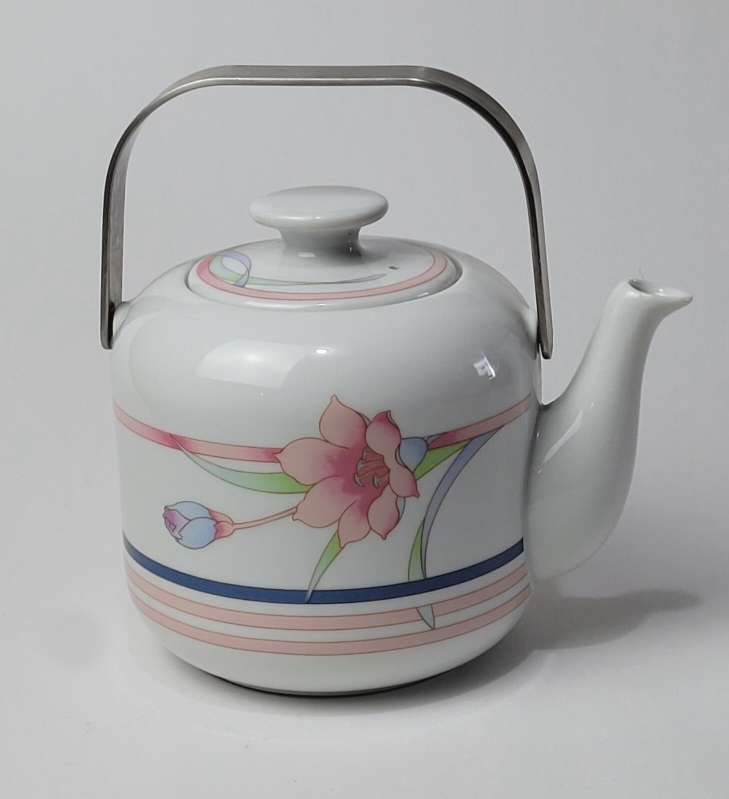 Vtg TUSCANY COLLECTION JAPAN TEAPOT wSTAINLESS HANDLE PINK BLUE GREEN LILY 1980s