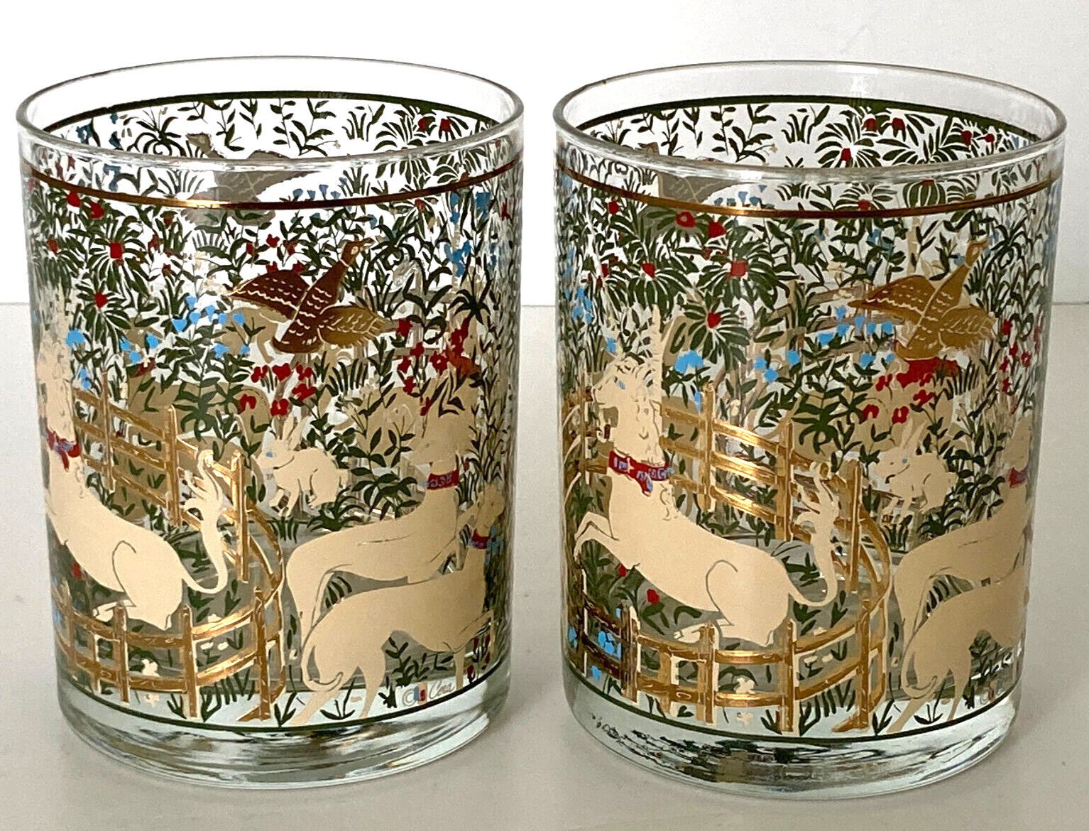 Unicorn Ceraglass Double Old - Fashioned Glass Set of 2 Vintage 50's 22K Gold