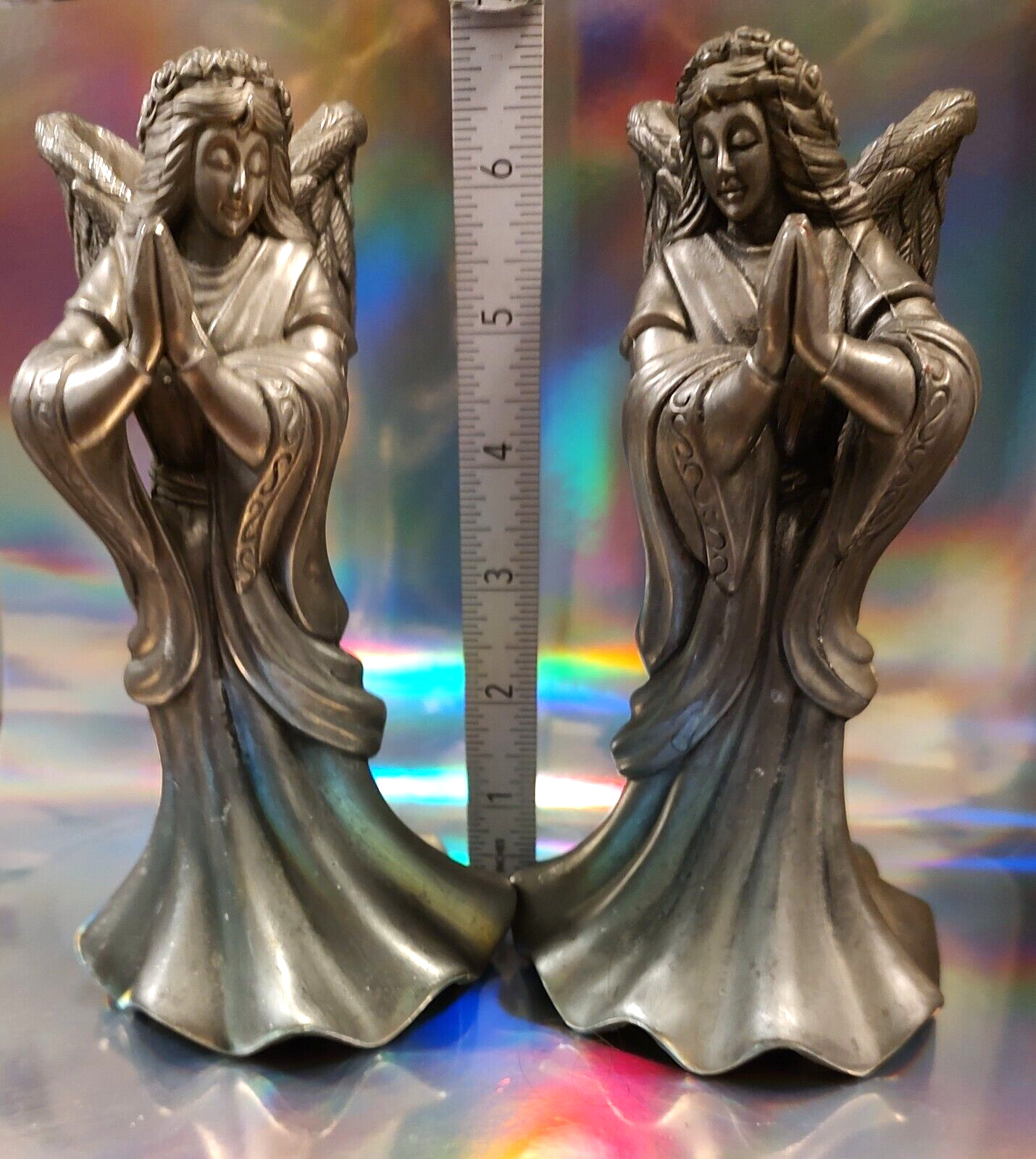 Pewter Angel Candle Stick Holders (2) Ornate Christmas Holiday Decorations  7”