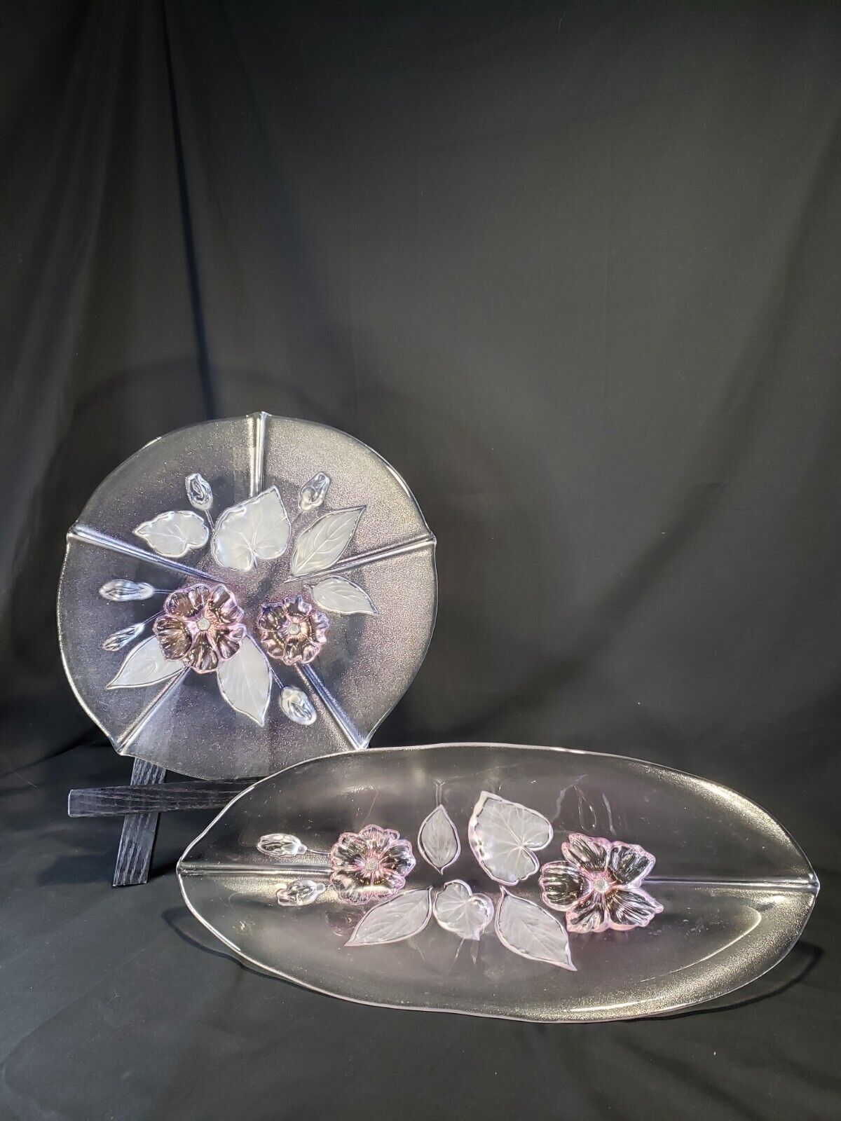 Pink Pastel Frosted Mikasa Calypso Crystal Floral Petal Bowl Plate SET Vintage