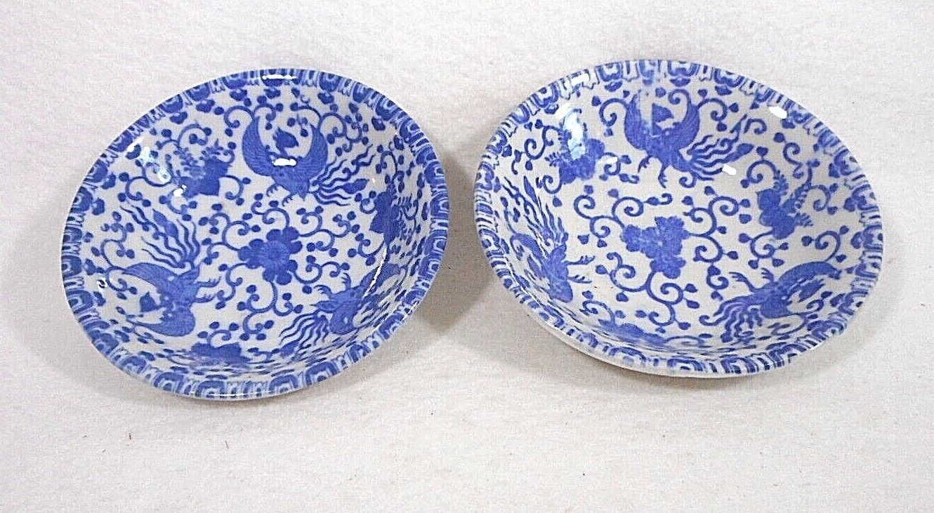 Antique Blue & White Japanese Flying Turkey Two Small Bowls, ca. 1920