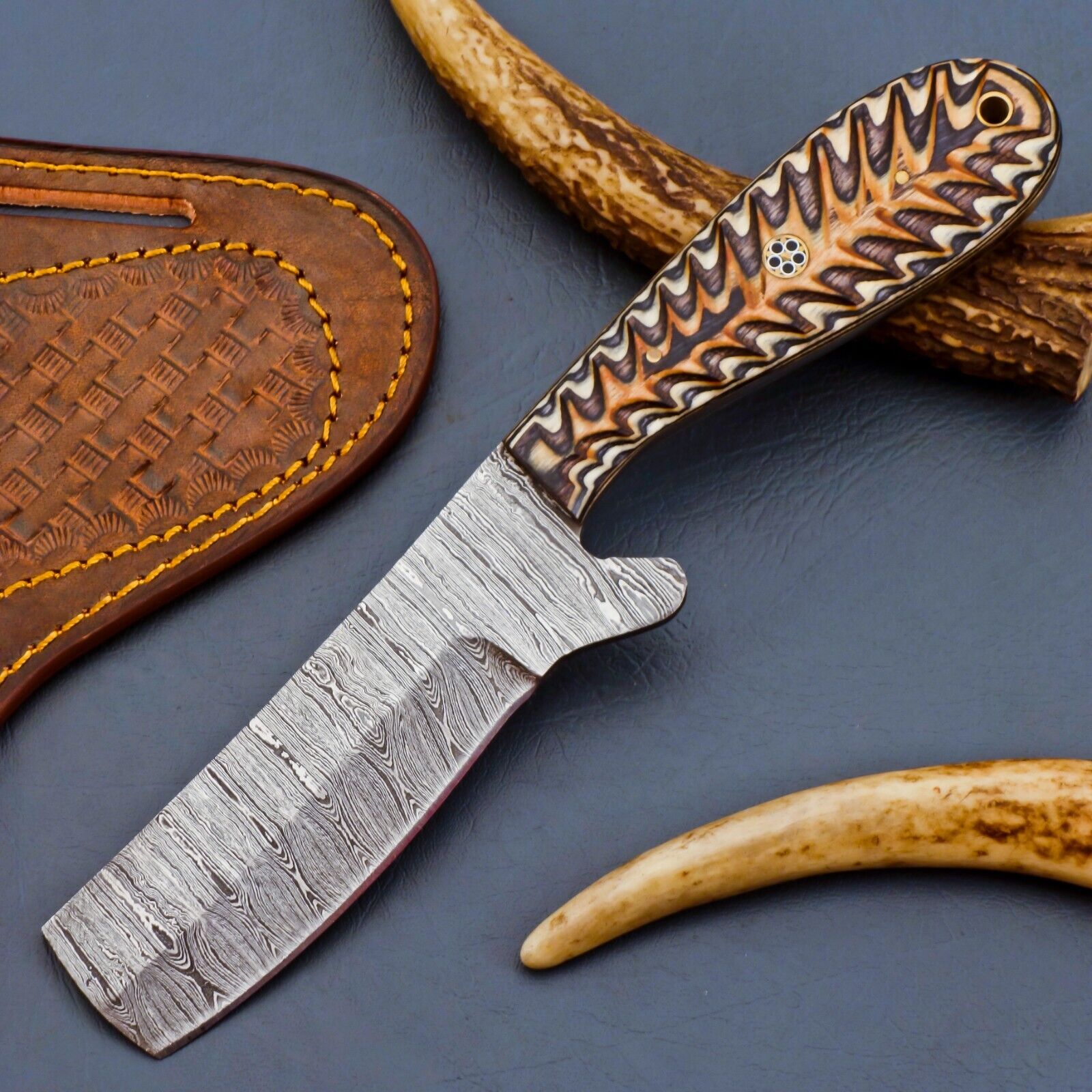 Handmade Damascus Cowboy Bull Cutter Knife With Bone Handle And Pancake Sheath