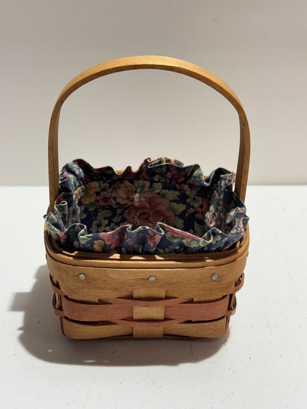 LONGABERGER SMALL BERRY BASKET BLUE FLORAL FABRIC LINER Signed 1991 HAND-WOVEN