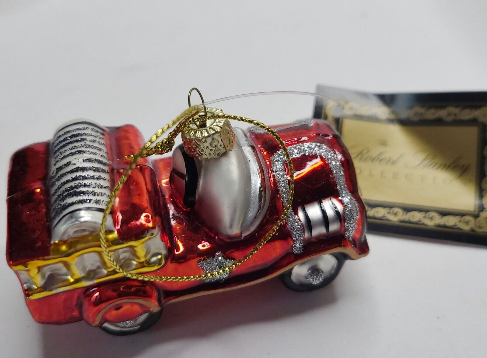 2007 Robert Stanley Christmas Ornament Glass Vtg Red Fire Truck w Tag n Glitter