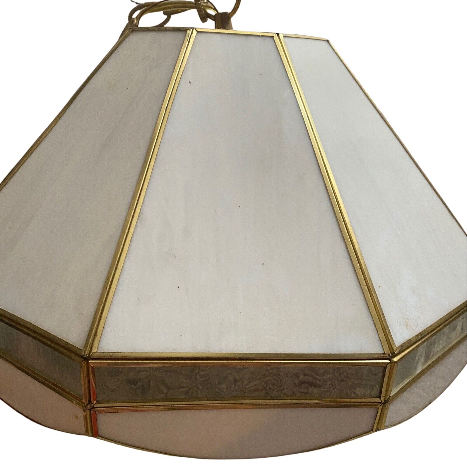 VTG Pearl White 9 Panel Hanging Swag Light Fixture Brass Pendant Lamp Shade