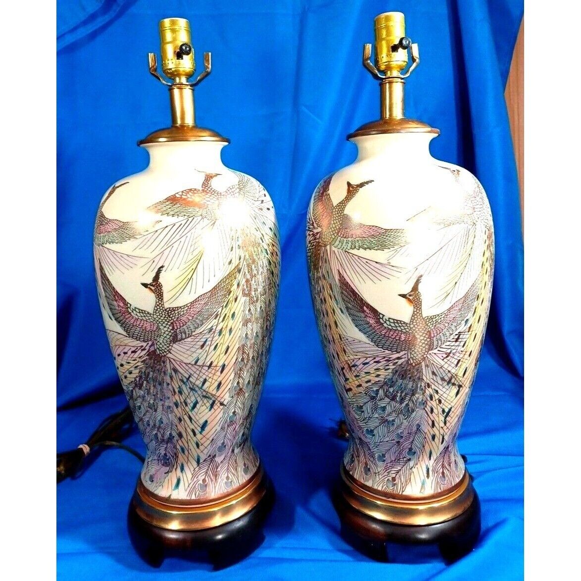 Frederick Cooper Porcelain Peacock Lamps  Set Oriental Chinoiserie Mid Century