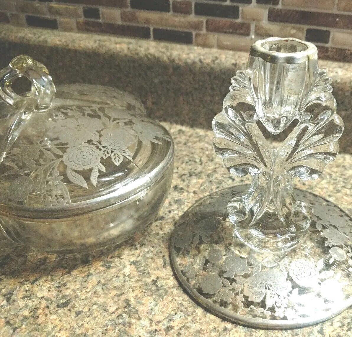 Vintage Silver Inlaid Flowers Glass Bowl Candlestick Set Hibiscus Centerpiece
