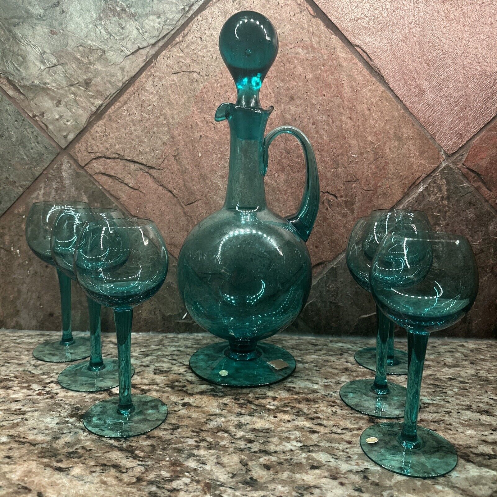 Vintage Hungarian Glass Carafe With 6 Wine Liquor Glasses Teal Green Aqua