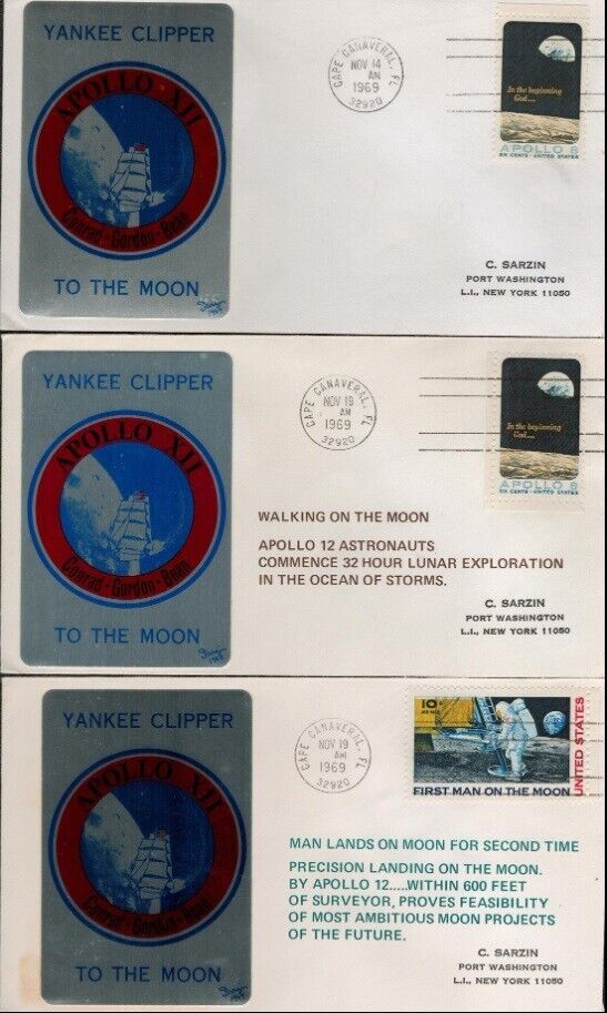 Apollo 12 - three original 1969 \'Yankee Clipper To The Moon\' FDCs with AFTAL COA