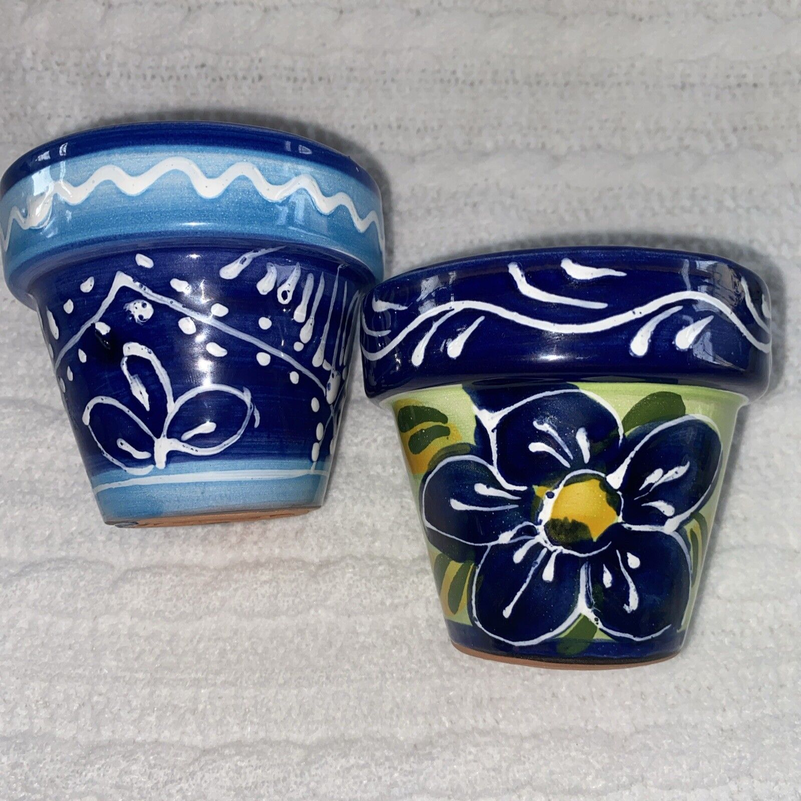 TWO Sunshine Ceramica Hand Painted 3.5” X 3.25” Planters / Pots  Made in Spain