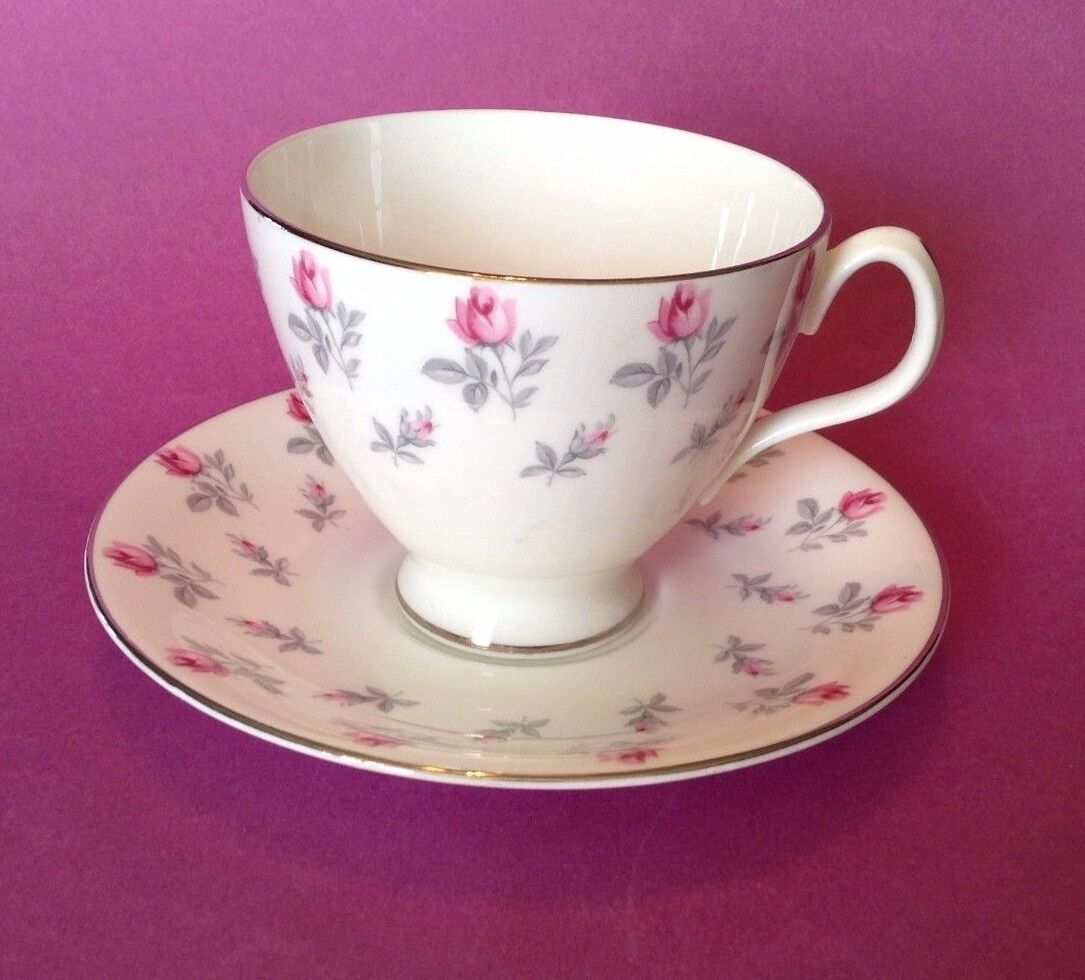 4 FOUR Royal Albert Cup & Saucer Sets - Winsome - Pink Roses With Silver Rims 