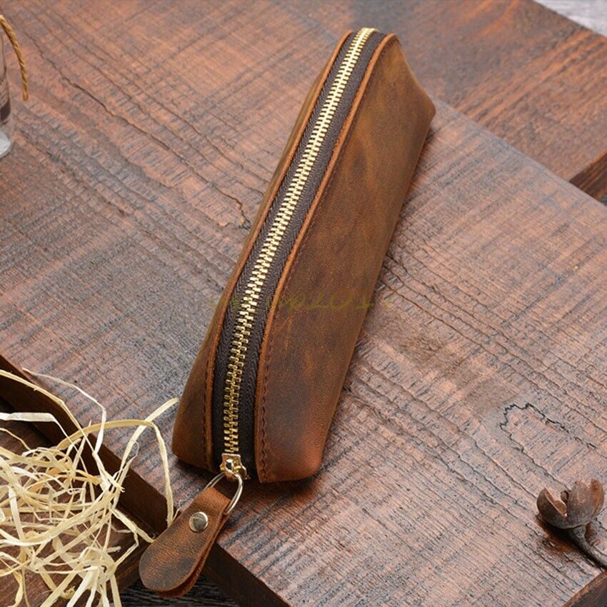 Handmade Genuine Leather Zipper Vintage Pen Bag Pencil Case Cosmetic Pouch Brush