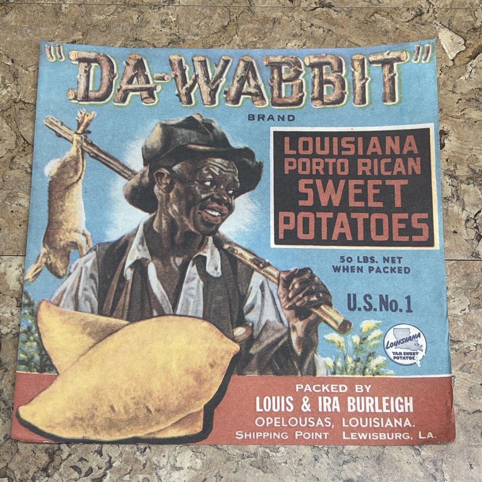 Original 1940's DA WABBIT Brand Louisiana Sweet Potatoes Crate Label Yams JD