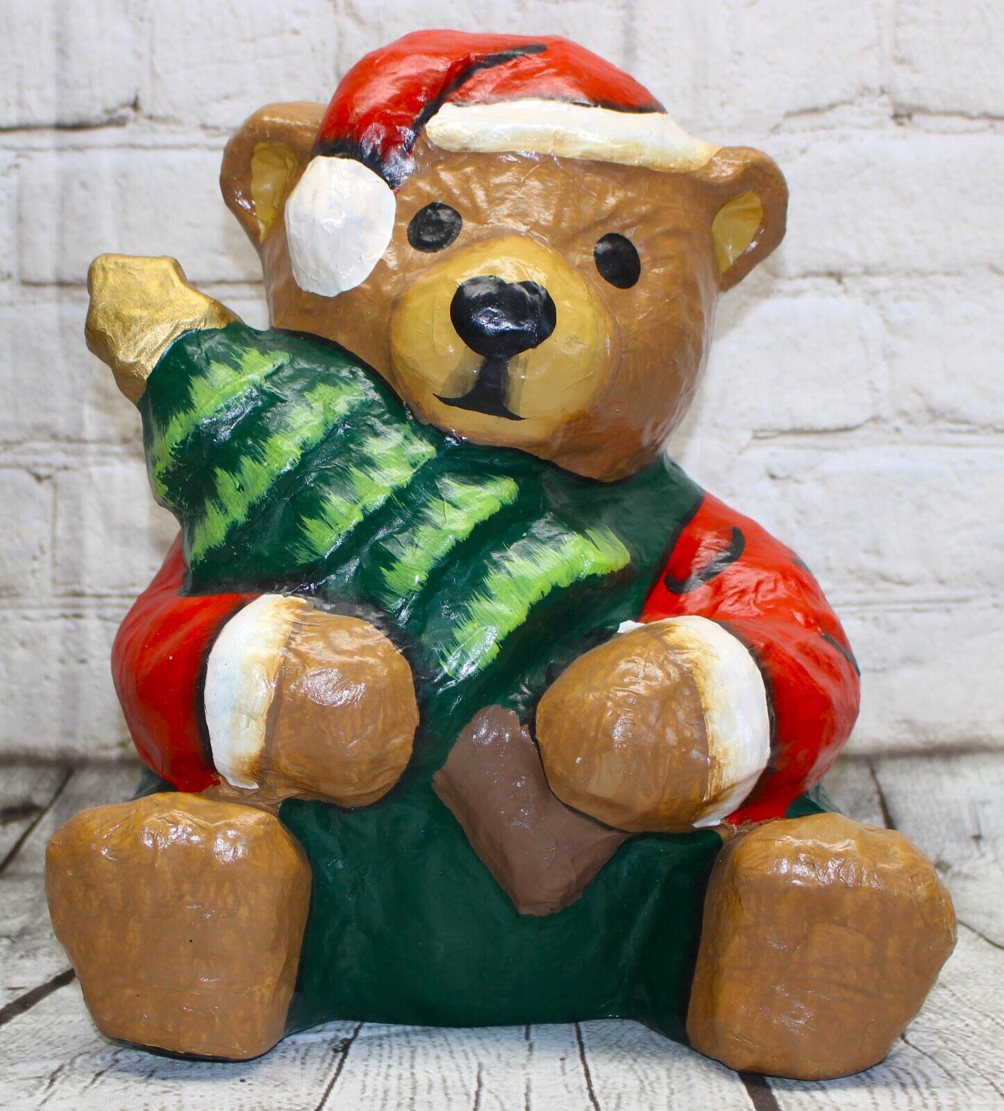Large Paper Mache Teddy Bear With A Xmas Tree 12” Holiday Christmas Decoration